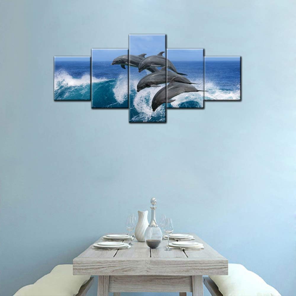 Fish Wall Art for Living Room Dolphins Jumping Over Breaking Wave Pictures Seascape Paintings 5 Pieces Grey Canvas Artwork Modern Home Decor Wooden Framed Ready to Hang Posters and Prints(50''Wx24''H)