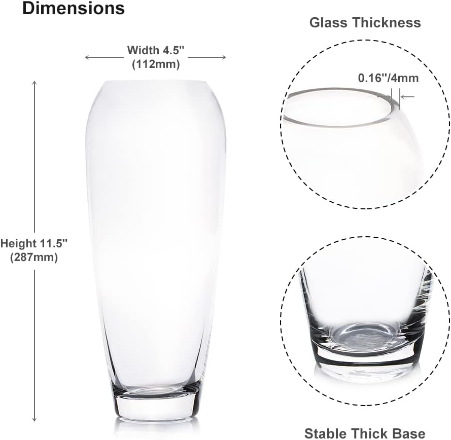 Enova Floral Oval Glass Vase for Flowers, 4.5" W 11.5" H Clear Large Domed Bullet Cylinder Floral Vase for Home Decor, Wedding Centerpiece Event (1 Piece)