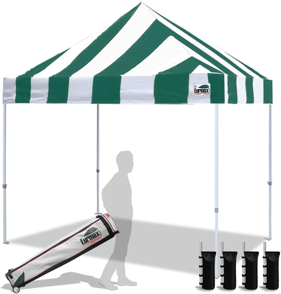 Eurmax USA Standard 10x10ft Patio Pop Up Canopy Tent for Outdoor Events Commercial Instant Canopies with Heavy Duty Roller Bag,Bonus 4 Canopy Sand Bags (Stripe Green)