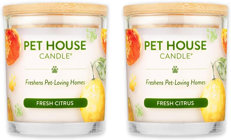 One Fur All Pet House Candle 2 Pack - Plant-Based/Soy - Clean Burning Scented, Long Lasting Pet Odor Candle for Home - Fresh Citrus