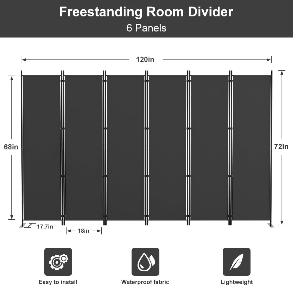 Kokorona 6 Panel Room Divider, 6FT Tall Folding Privacy Screen Wall Dividers, Portable Privacy Screen Freestanding Room Divider for Room Separation, Included - Cover Strips, Grey, 120''W x 72''H
