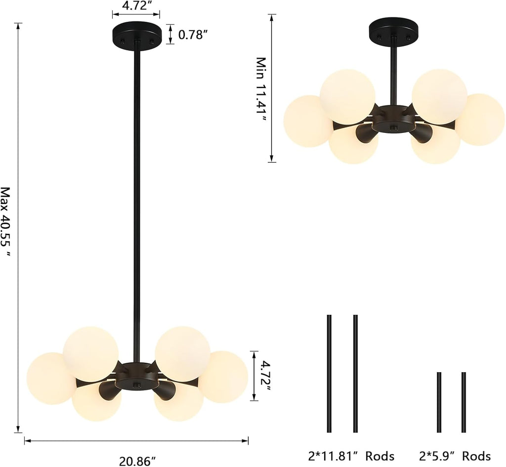 Modern Ceiling Light with Milk White Glass lampshade Black Semi Flush Mount Ceiling Light Fixture Sputnik Chandelier for Bedroom Living Room Dining Room Foyer Hallway(6-Lights)