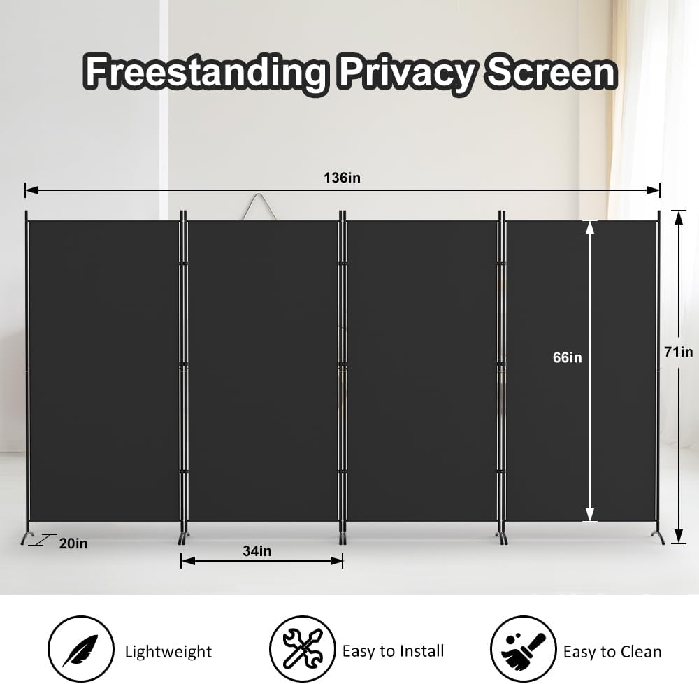 Kokorona 4 Panel Room Divider, 6FT Tall Folding Privacy Screen Wall Dividers, Portable Privacy Screen Freestanding Room Divider for Room Separation, Included - Cover Strips, Black, 136''W x 71''H