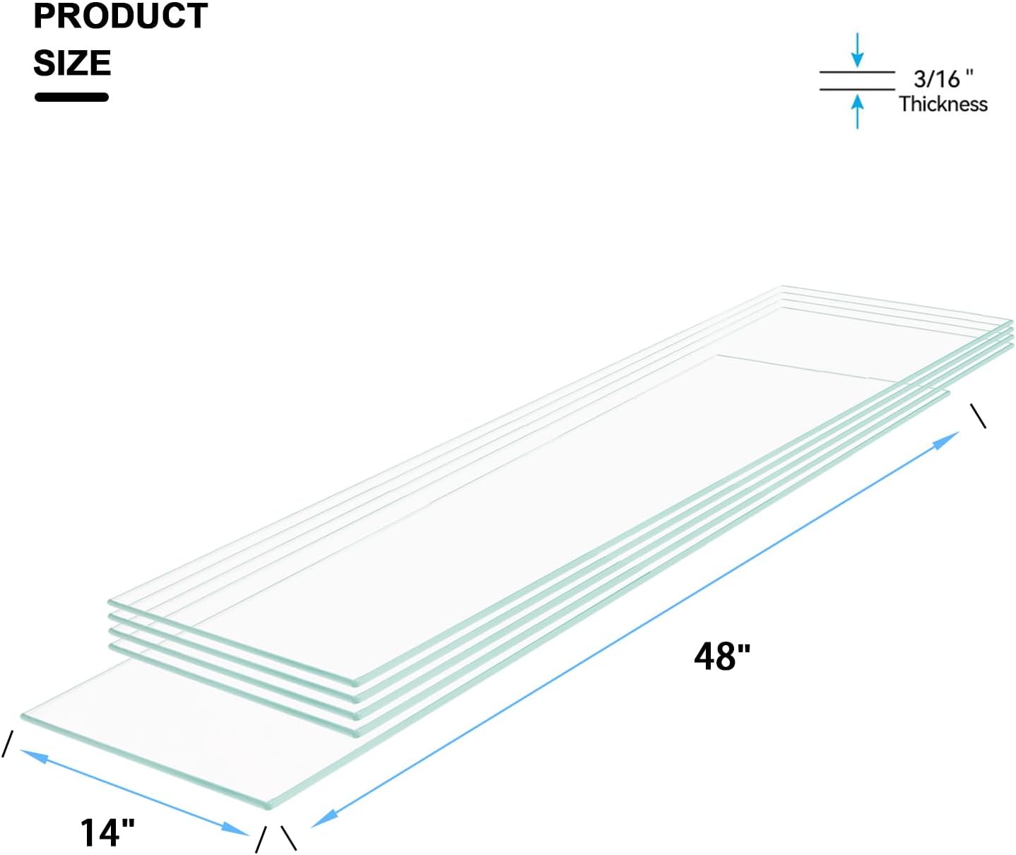 14" W x 48" L - Tempered Rectangle Glass Shelf Without Frame (5 Pieces Set) - 3/16" Thick -Pencil Polished