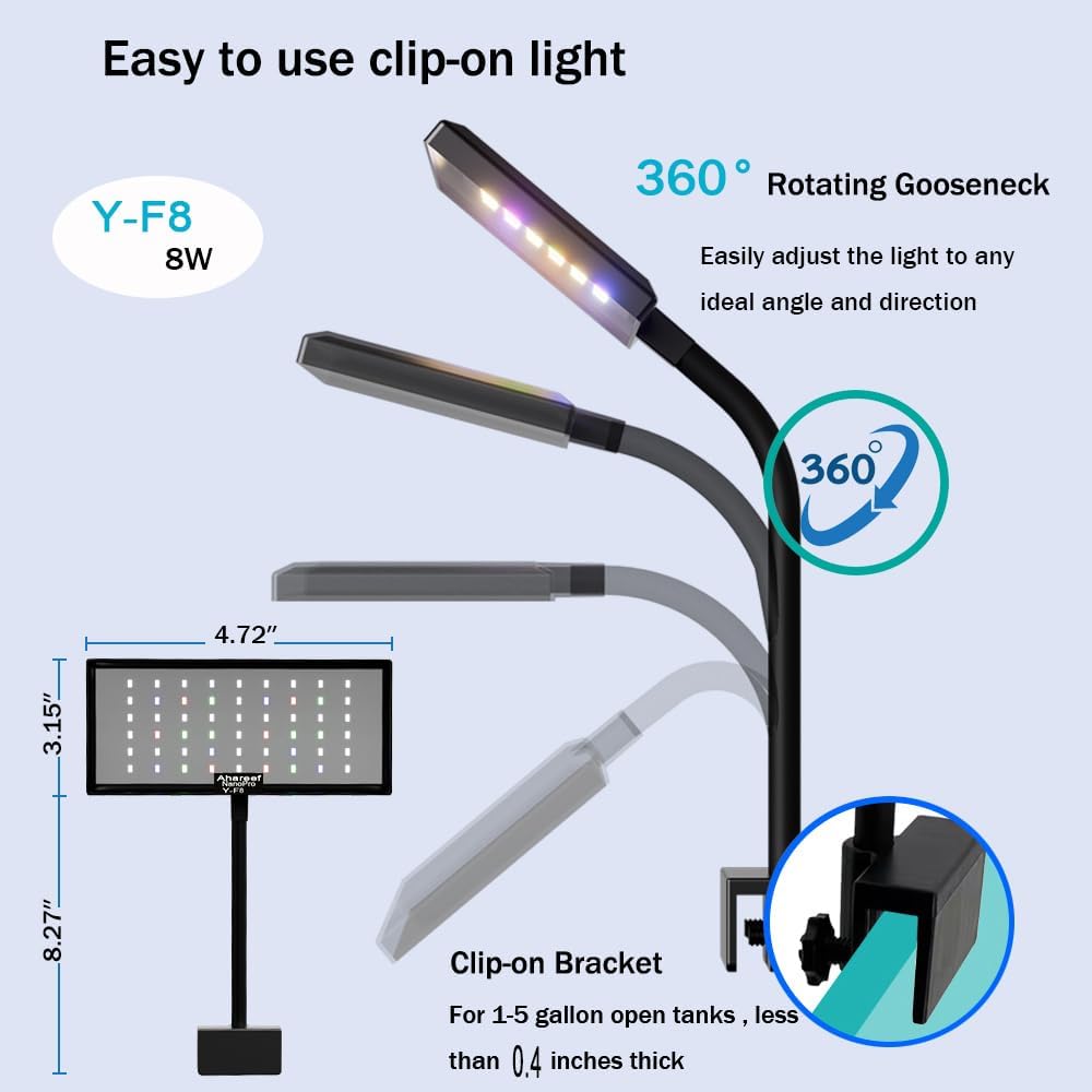 Mini Clip-On Aquarium Light 8W Full Spectrum LED Fish Nano Tank Light with Timer & Dimmer and 3 Lighting Modes for Freshwater Plants & Tropical Fish Ideal for 5-16 Inch Tanks (1-5 Gallons)