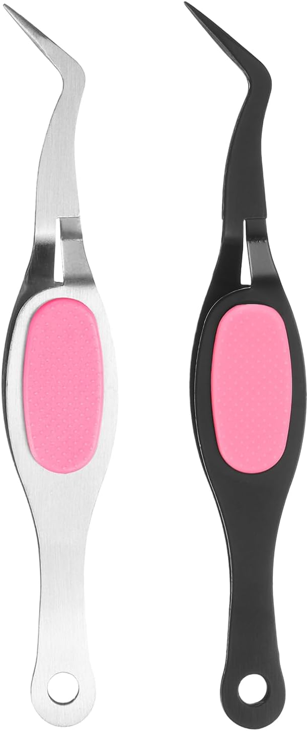 HARFINGTON 2pcs Craft Tweezers Precision Crossing Lock Curved Stainless Steel Soft Reverse Grip Fine Tip Tweezers for DIY Craft Jewelry Beading Electronics, Black Silver Pink