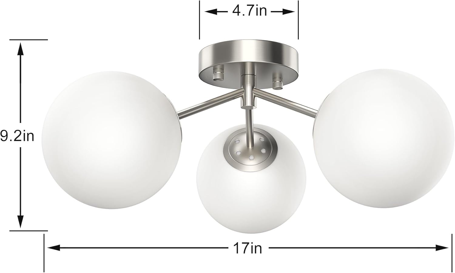 Maxax 17" Nickel Ceiling Light, 3 Lights Modern Flush Mount Fixture with Opal Milk Glass Globe, Mid Century Semi Chandelier, Sputnik Ceiling Lamp for Dining Room, Bedroom, Entryway, Hallway