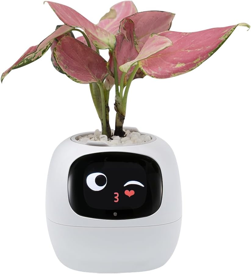Smart Plant Pot with Expression, AI Intelligent Flower Pot for Indoor Decoration, Smart Garden Pot with Water/Light/Temperature Sensors, Ivy AI Planter(White)