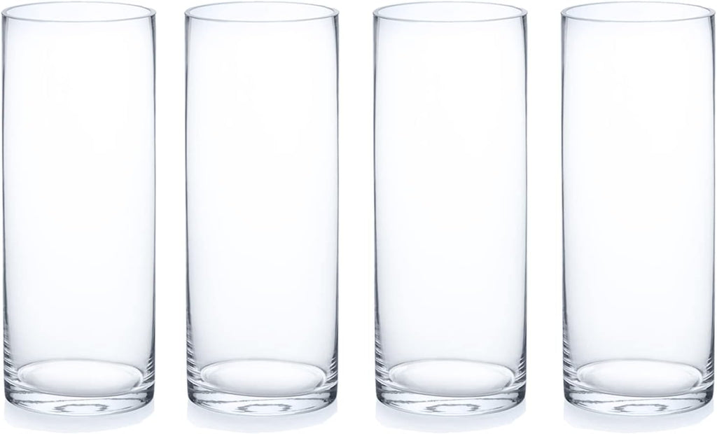 Enova Floral Clear Glass Flower Vase, 4W x 10H Inches Round Flower Vase, Pillar Candle Floating Candle Holders, Tall Cylinder Glass Vase for Flowers, Glass Vase for Home Decor, Wedding (Pack 4)