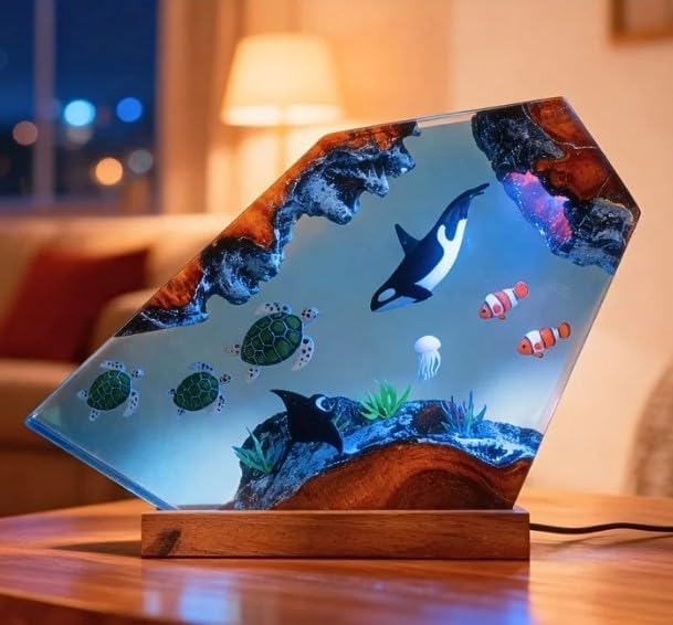 Ocean Resin Lamp – Marine Life Night Light with 16 Color LED, USB Powered Whale Shark & Turtle Desk Lamp with Wooden Base & Remote,Handmade Gift for Christmas, New Year