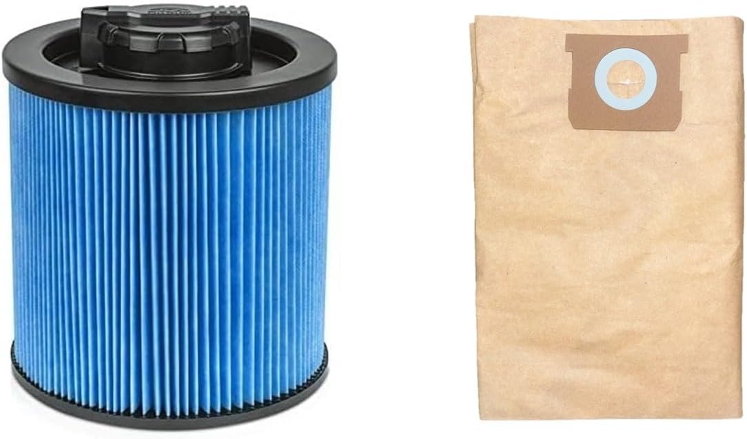 DXVC6912 High Efficiency Filter + 5 PK DXVA19-4101 Vacuum Cleaner Bags. Compatible with 6 to 10 Gallon Dewalt Wet/Dry Vacuums