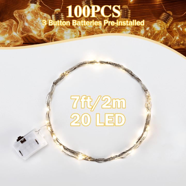 GAILROSO 100Pack Fairy Lights Battery Operated 3 Speed Modes, 7 Ft 20 LED Battery String Mini Waterproof for Mason Jars DIY,Christmas Decoration,Wedding Party