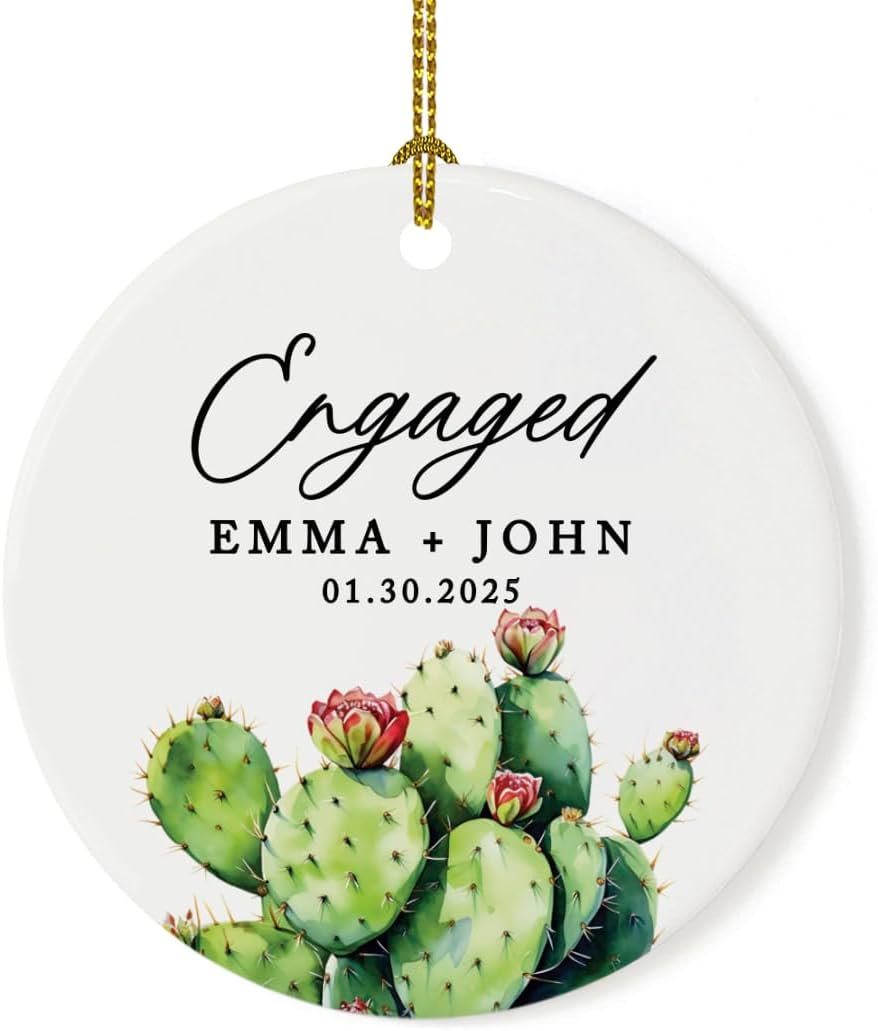 Andaz Press 2.8" Ceramic Porcelain Personalized Christmas Cactus Ornament, Engaged Cactus Design, Custom Cactus Christmas Ornaments, Succulent Ornament Cactus Decor, Engagement Gift for Couples