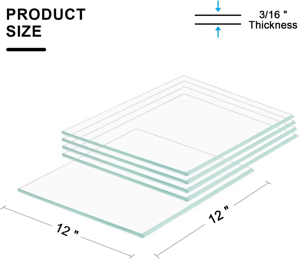 12" W x 12" L - Tempered Rectangle Glass Shelf Without Frame (5 Pieces Set) - 3/16" Thick -Pencil Polished