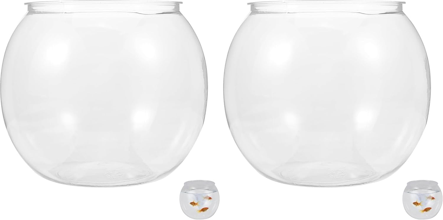 POPETPOP Small Fish Tank Goldfish Bowl - Transparent Plastic Round Bowl - Aquarium Terrarium Hydroponic Planter Fish Bowl for Centerpieces Goldfish Tank Desk Bookcase Decorations (Pack of 2)