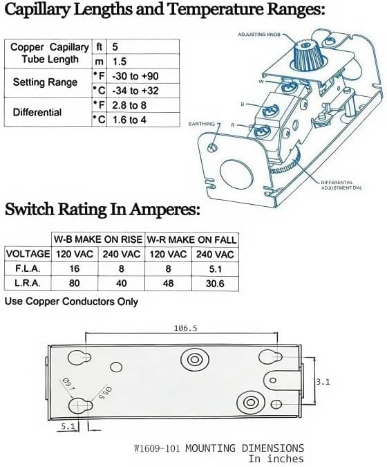 W1609-101 Refrigeration Thermostat Temperature, Walk in Cooler Temperature Control Replace W1609-101 TH-1609, Control from -30 Degrees F to 90 Degrees F, 5 Ft Capillary