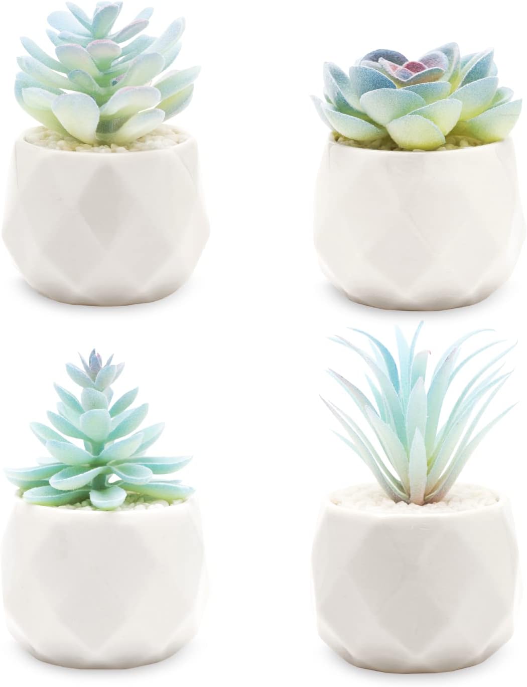 VIVERIE Mini Blue Artificial Succulent in Pots (White Ceramic, 4 Pot Set) Fake Plants for Indoors, Office Decor Blue Christmas for Women, Office Home Decor Gifts-Faux Plant