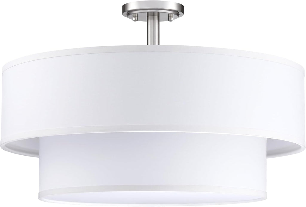 4 Light Off White Double Drum Fabric Shade Semi Flush Mount Ceiling Light,Close to Ceiling Light Fixture Brushed Nickel Finish,20 inch Semi Flush Drum Light for Bedroom,Living Room,Dining Room Hallway
