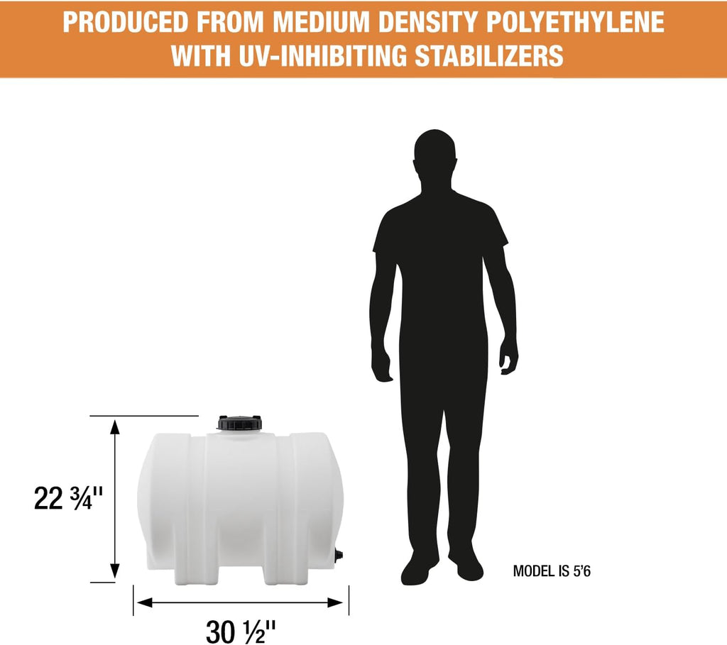RomoTech 35 Gallon Polyethylene Storage Tank with Legs–Heavy-Duty Horizontal Water Storage Tank for Farms, Industrial or Chemical Use–UV-Resistant, Rustproof, BPA-Free Plastic Liquid Tank, 82126189