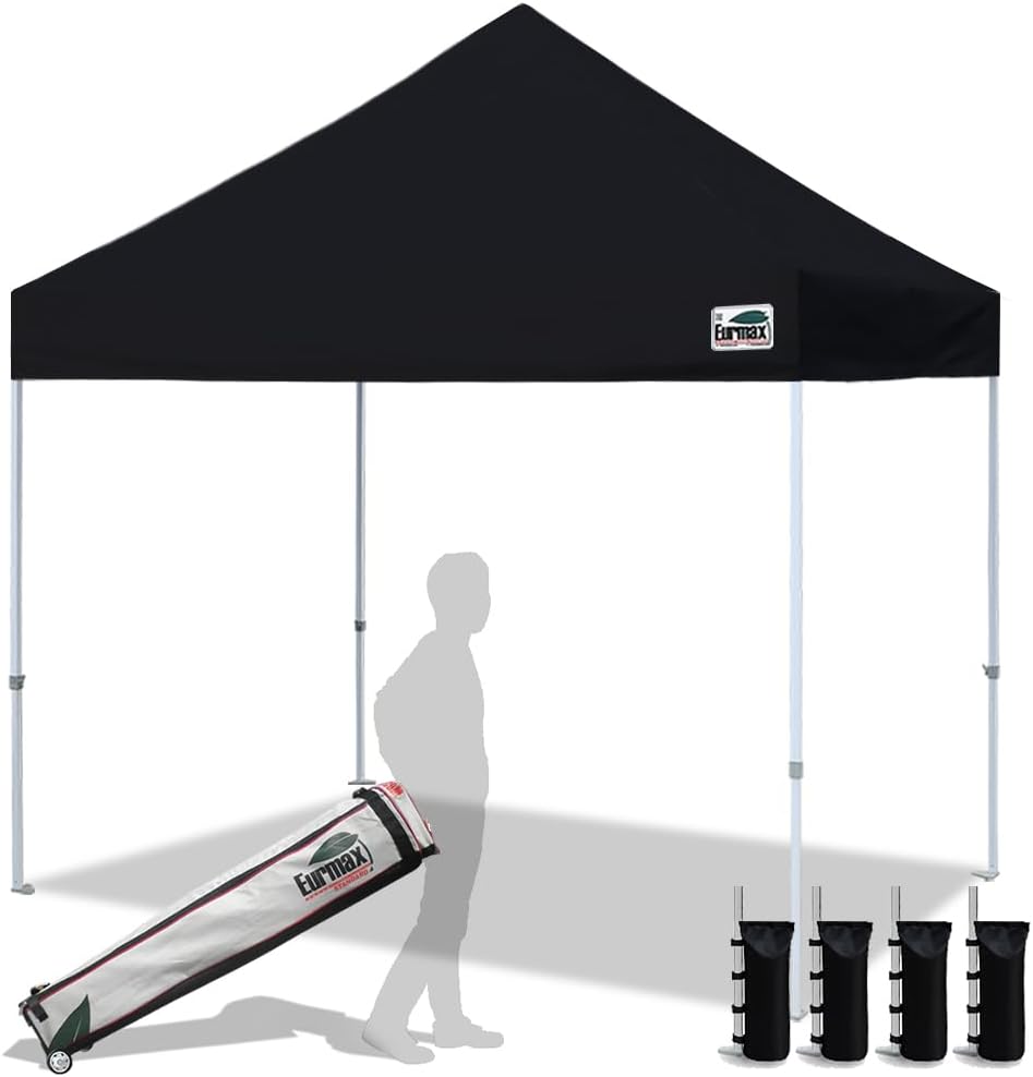 Eurmax USA 8'x8' Pop Up Canopy Tent Commercial Instant Canopies with Heavy Duty Roller Bag,Bonus 4 Sand Weights Bags (Black)