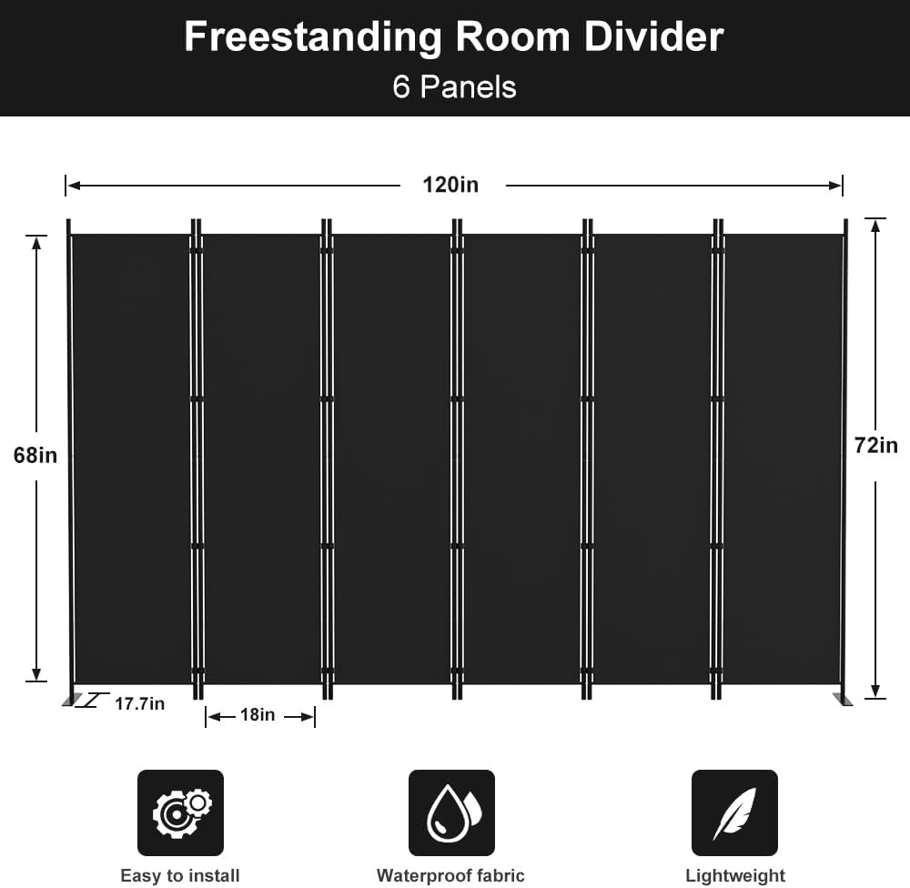 Kokorona 6 Panel Room Divider, 6FT Tall Folding Privacy Screen Wall Dividers, Portable Privacy Screen Freestanding Room Divider for Room Separation, Included - Cover Strips, Black, 120''W x 72''H