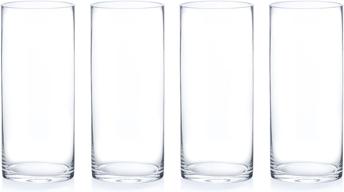 Enova Floral Set of 4 Clear Glass Cylinder Vase, 5W x 12H Inches Tall Clear Flower Vase, Pillar Candle Floating Candle Holders, Decorative Glass Vase for Wedding Centerpieces, Home Kitchen Decor