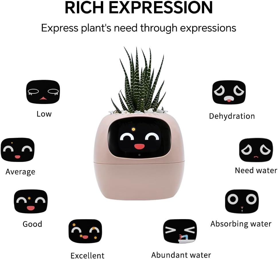 Smart Plant Pot with Expression, AI Intelligent Flower Pot for Indoor Decoration, Smart Garden Pot with Water/Light/Temperature Sensors, Ivy AI Planter(Pink)