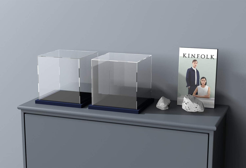 Acrylic Display Case with Navy Blue Velvet Base, Simple Self-Assembly Clear Acrylic Display Box with Lid, 6 Inch Cube Countertop Box for Collectibles, Home Organization (6x6x6 inch)