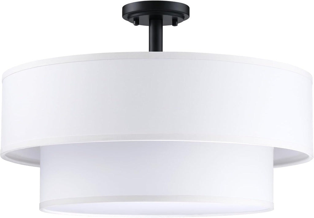 4 Light Off White Double Drum Fabric Shade Semi Flush Mount Ceiling Light,Close to Ceiling Light Fixture Black Finish,18 inch Semi Flush Drum Light for Bedroom,Living Room,Dining Room Hallway