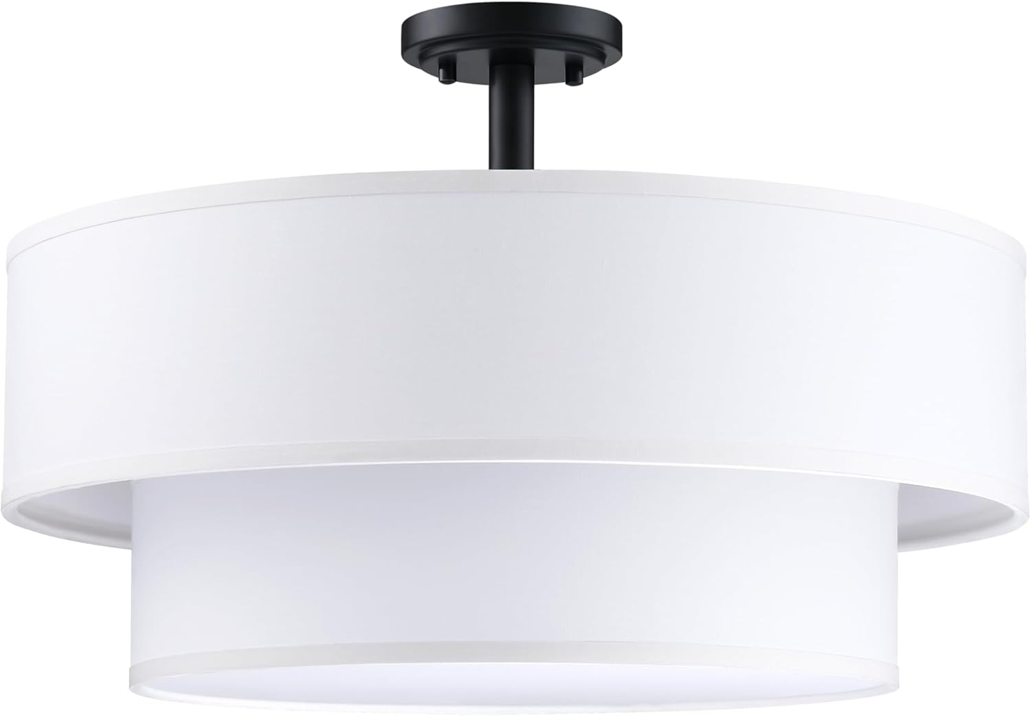 4 Light Off White Double Drum Fabric Shade Semi Flush Mount Ceiling Light,Close to Ceiling Light Fixture Black Finish,18 inch Semi Flush Drum Light for Bedroom,Living Room,Dining Room Hallway