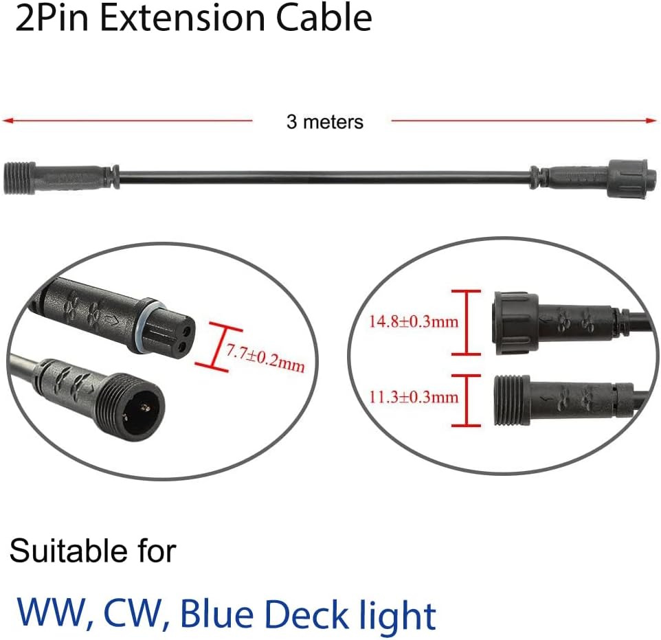 Sumaote 9.84ft 3m 2Pin Extension Cable Wire with Male and Female Connectors at Both Ends,IP67 Waterproof Extension Cords for Single Color LED Deck Light Warm White, Cold White (2Pin, 9.84ft, 5 Pack)
