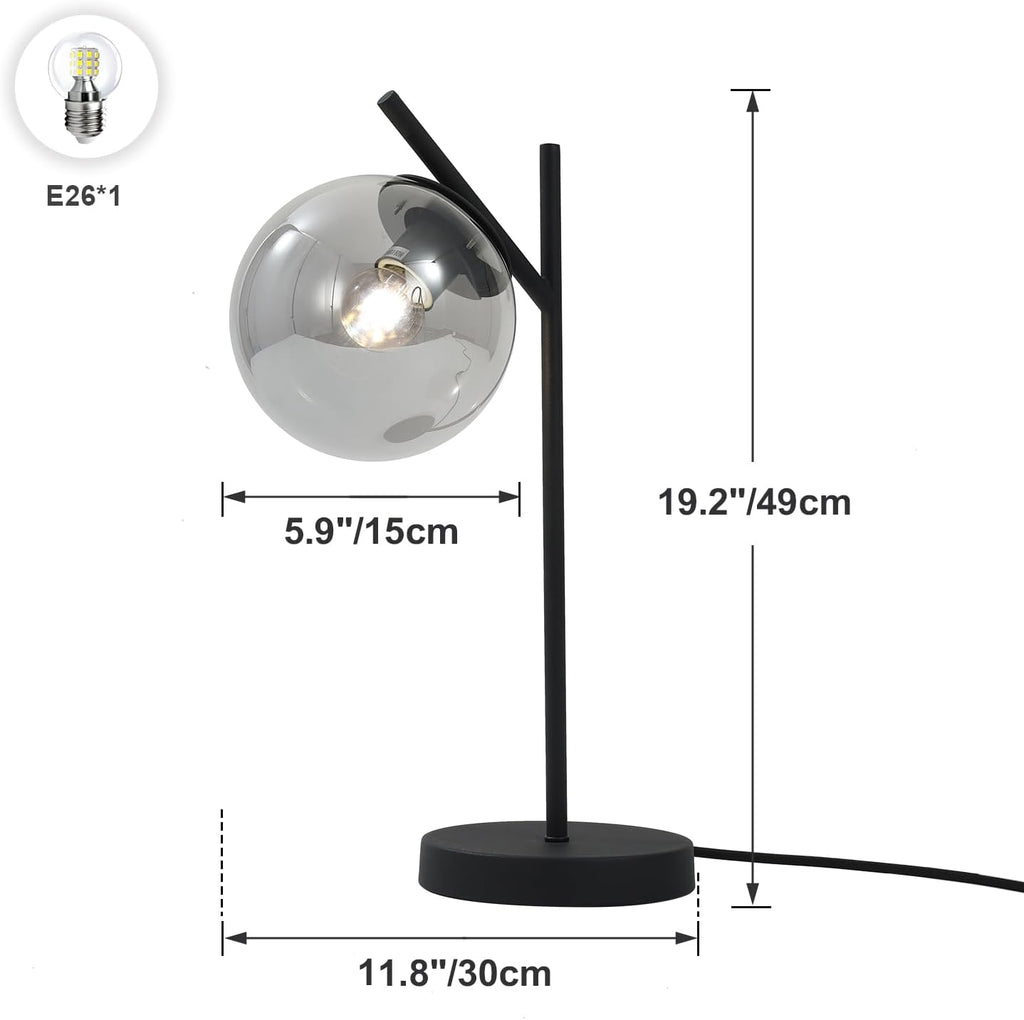 Black Table Lamp Vintage Metal Desk Lamp Modern Smoke Gray Glass Globe Nightstand Lamp Nordic Bedside Lamp for Living Room Bedroom Office