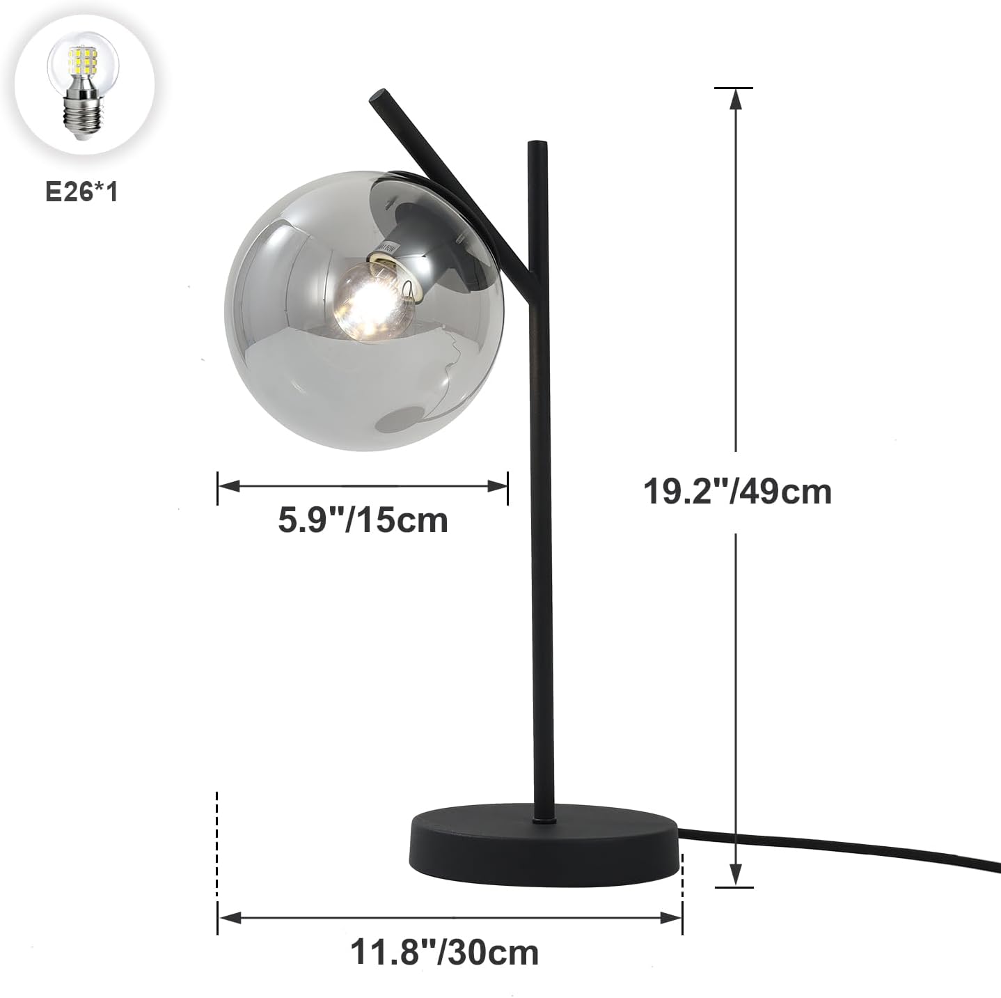 Black Table Lamp Vintage Metal Desk Lamp Modern Smoke Gray Glass Globe Nightstand Lamp Nordic Bedside Lamp for Living Room Bedroom Office