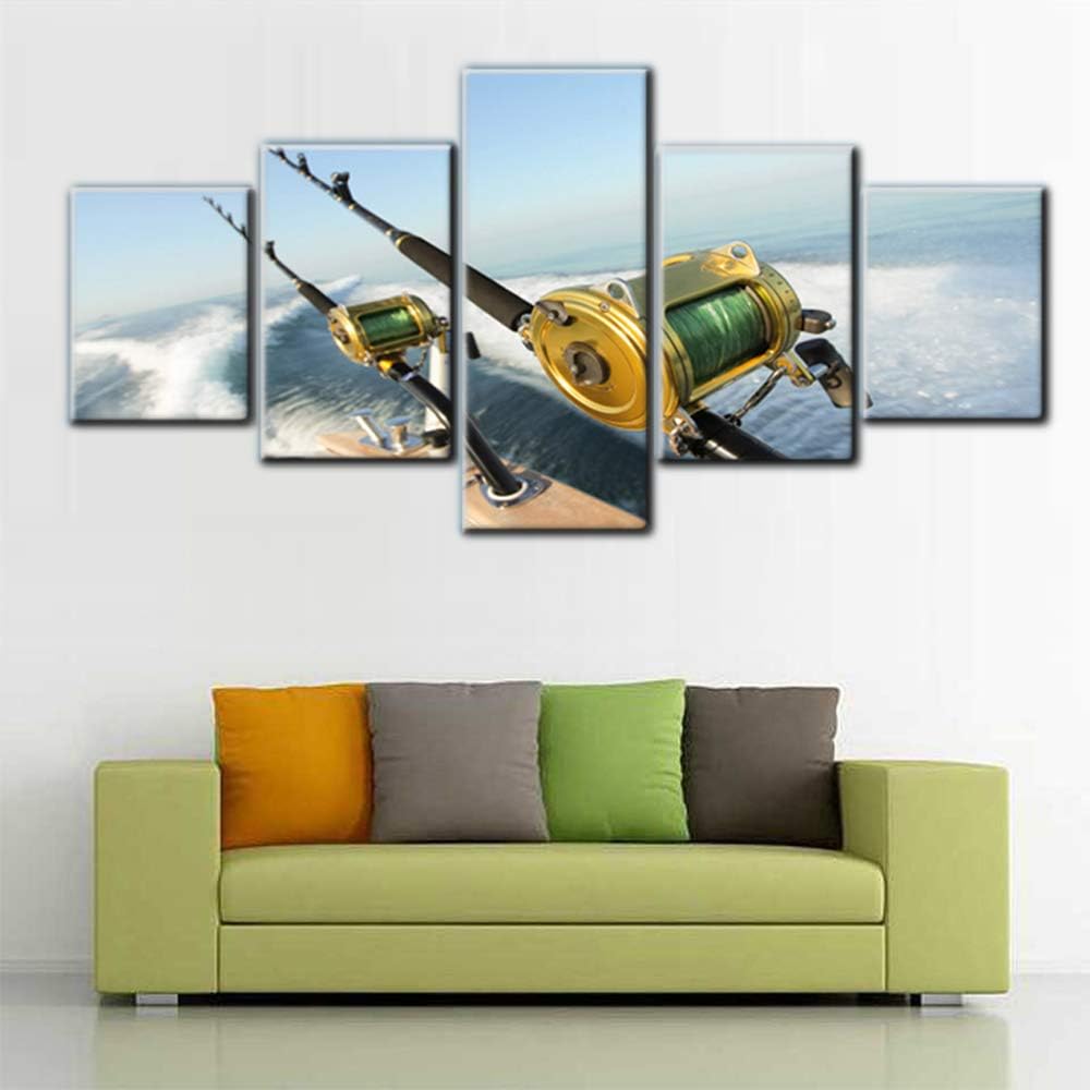 Art Work for Home Walls Fishing Reels and Rods Wall Art 5 Panel Premium Quality Prints Pictures Giclee Ocean Canvas Paintings for Living Room Wooden Framed Gallery-Wrapped Ready to Hang(50''Wx24''H)