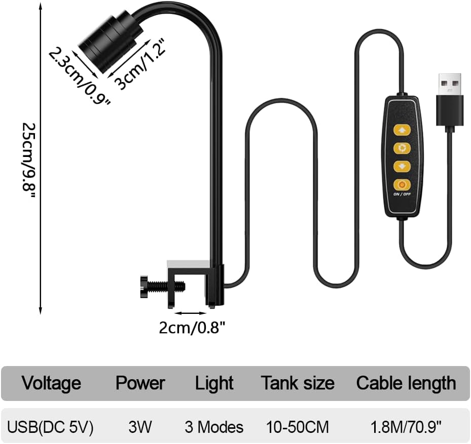 4 W LED Aquarium Light, Clip-On Dimmable Fish Tank Lamp with 3 Colors, Full Spectrum Fish Tank Lights for Plants, Terrariums, Coral