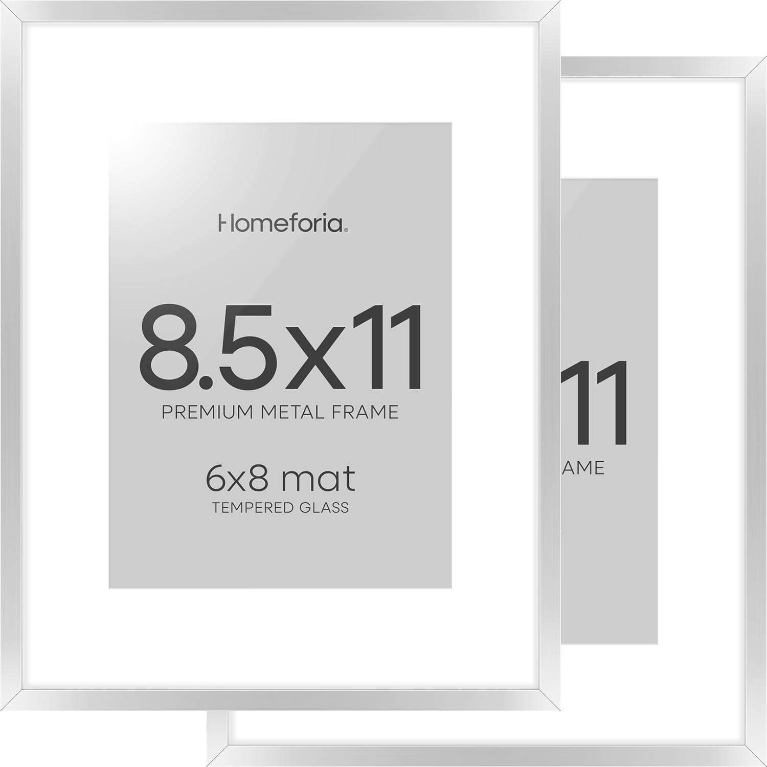 Homeforia 8.5x11 Picture Frame Silver, High End Metal 8.5 x 11 Poster Frames with Mat 6 by 8 Photo, 11x8.5 Frame Matted to 6x8 Print, 8.5by11 Wall or Tabletop Frame, Tempered Glass, Wall Kit, Set of 2