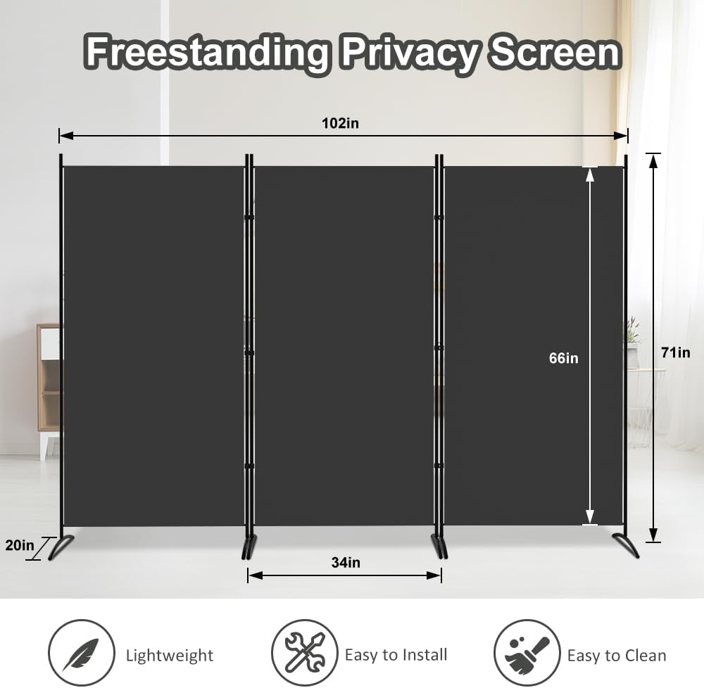 Kokorona 3 Panel Room Divider, 6FT Tall Folding Privacy Screen Wall Dividers, Portable Privacy Screen Freestanding Room Divider for Room Separation, Included - Cover Strips, Grey, 102''W x 71''H