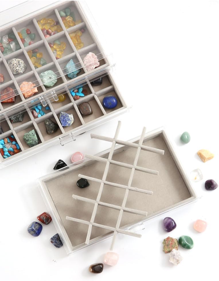 Acrylic Rock Collection Display Case with 54 Grids Storage Compartments Rock Collection Boxes Display Organizer Collection Storage Display Cases for Collectibles Crystal /Rock（Gery）