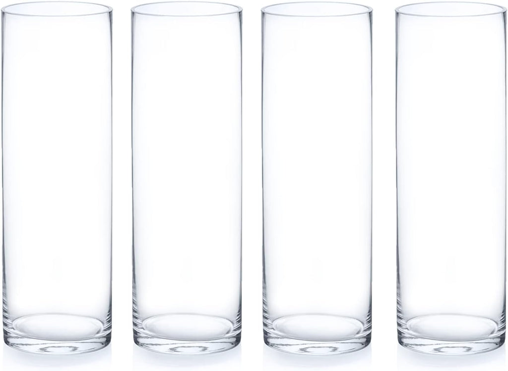 Enova Floral Clear Glass Flower Vase, 4W x 12H Inches Cylinder Vase, Pillar Candle Floating Candle Holders, Tall Cylinder Glass Vase for Flowers, Round Glass Vase for Home Decor, Wedding (Pack 4)