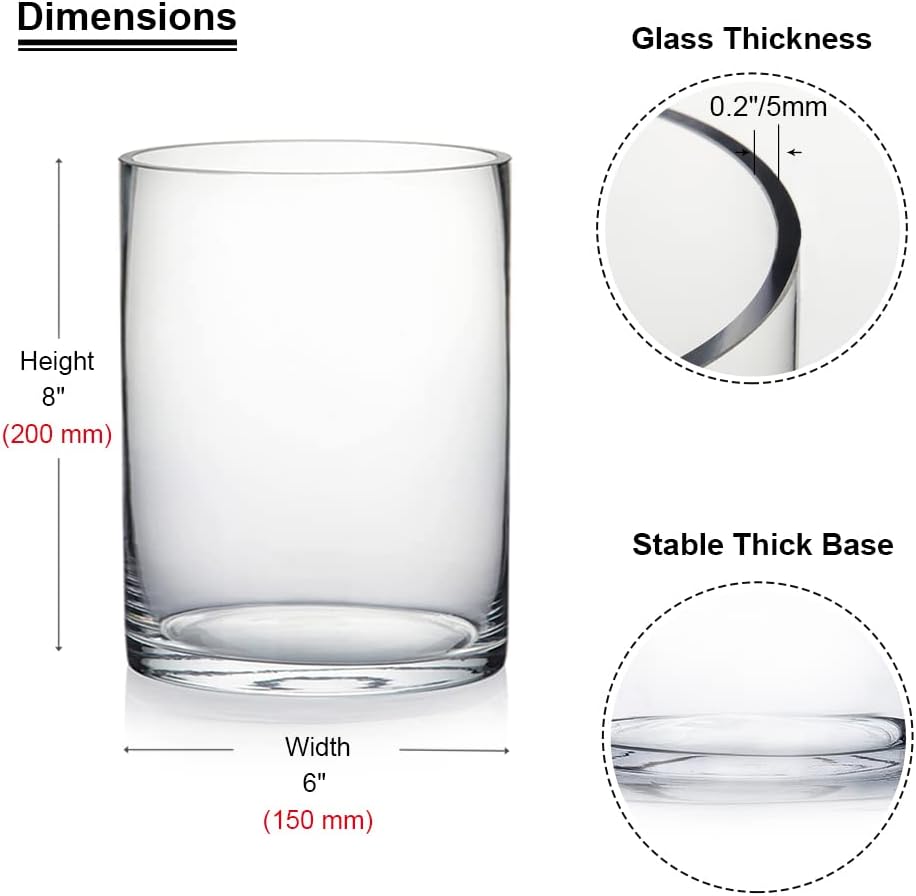 Enova Floral Clear Glass Cylinder Vase 6 x 8 Inches, Clear Flower Vases, Pillar Candle Hurricane Floating Candle Holder Vase, Glass Flower Vase for Wedding Centerpieces, Home Office décor (1 Piece)