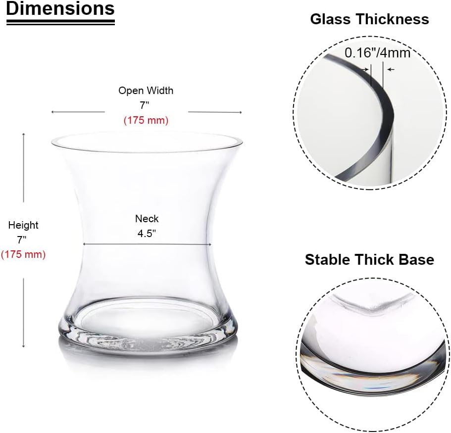 Enova Floral Unique Bouquet Vase, 7" W 7" H, Clear Short Hurricane Concave Flowers Glass Vase for Home Wedding Event Decor (1 Piece)