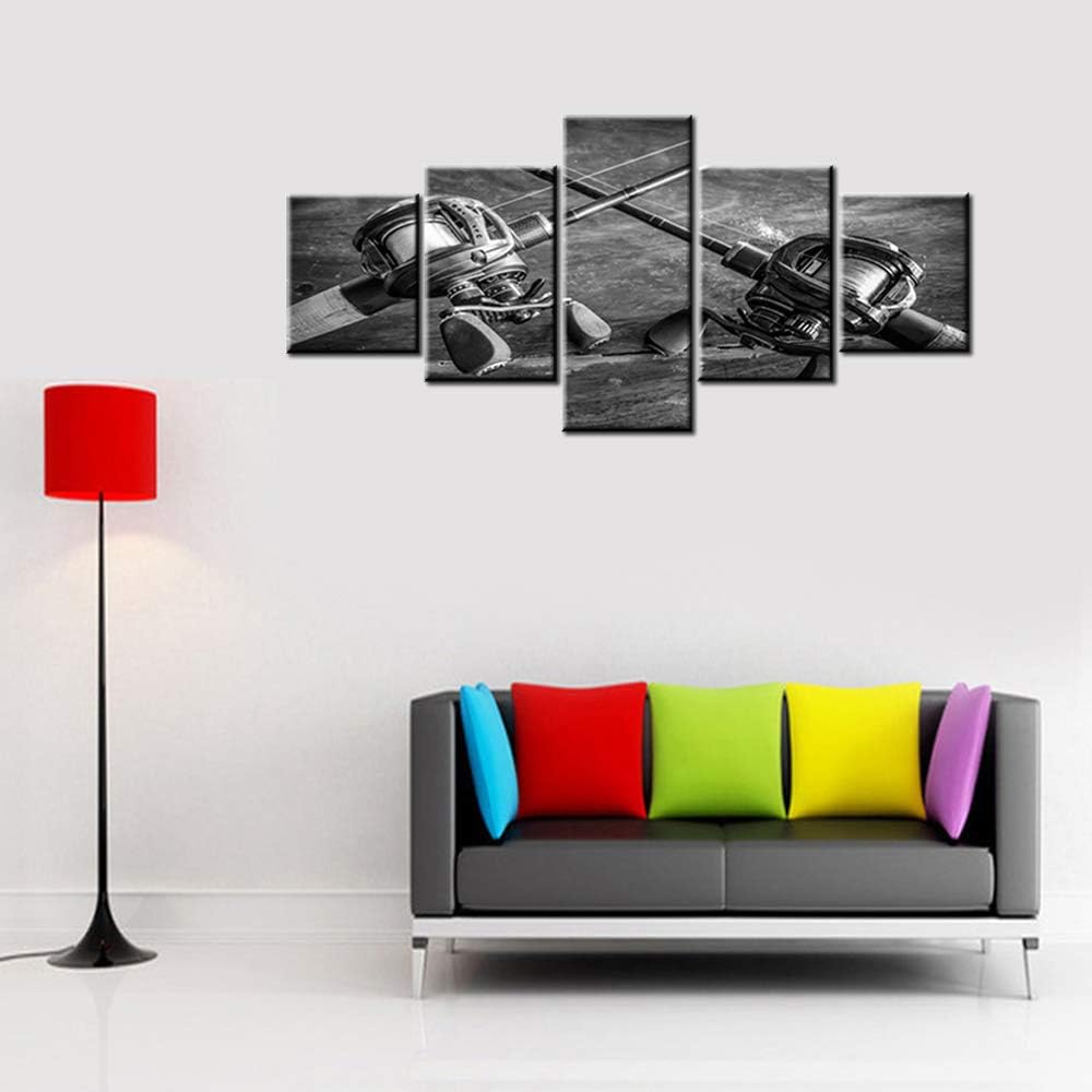 5 Piece Wall Art Fishing Tackle Pictures Printed on Canvas Gray and White Paintings Contemporary Artwork House Decoration Living Room Giclee Framed Gallery-Wrapped Ready to Hang(50”WX24”H)