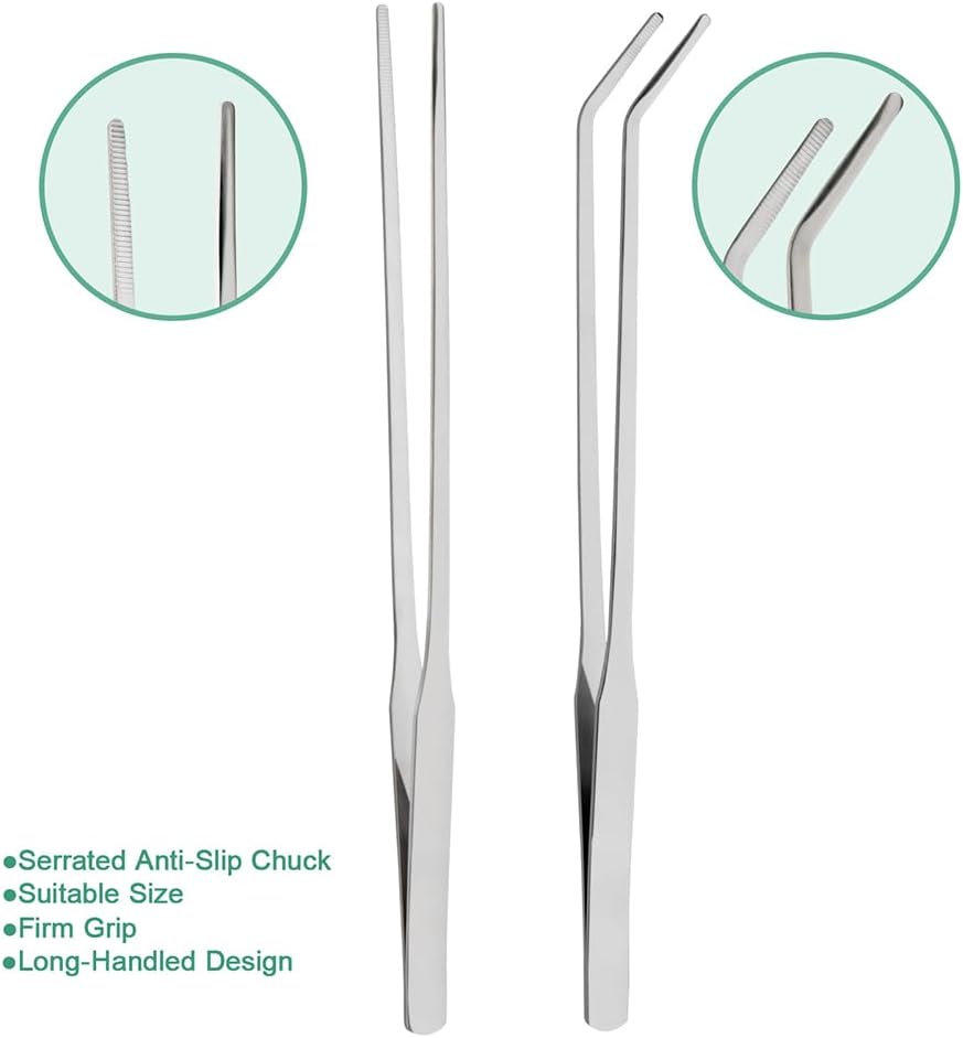 Syn-zer 2PCS Stainless Steel Reptile Feeding Tongs, 10.6 inch Straight and Curved Tweezers for Aquarium, Terrarium & Crafts Bearded Dragon Snake Tank Accessories, Planted Tank Tools Feeder for Lizards