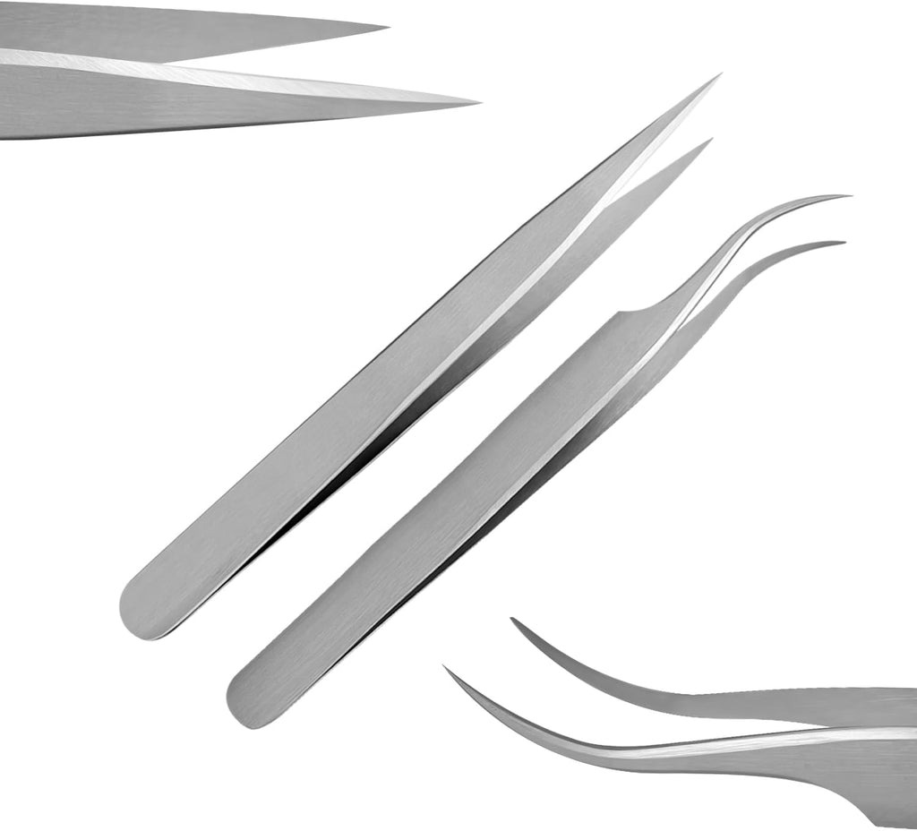 Splinter Forceps - Fine Point - Tweezers Stainless Steel Straight & Curved (Set of 8 Pcs W Magnifying Glass)