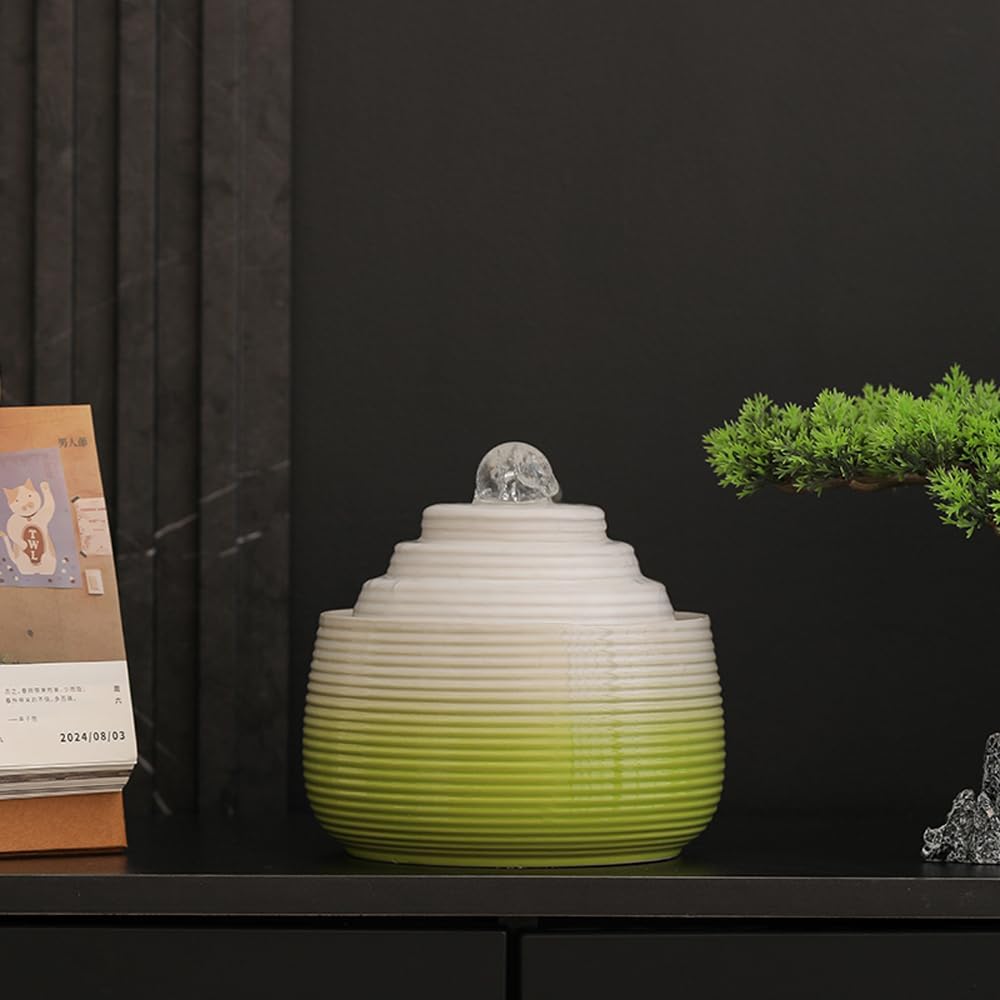 Indoor and Outdoor Fountain Water Feature Fall Ceramic Home Office Decoration mini Tabletop Desktop (Green with Ball S091)