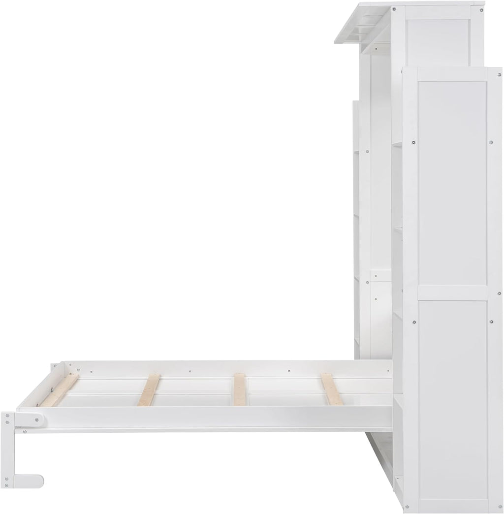 Queen Murphy Bed with Storage Shelves and LED Lights, Wood White Murphy Wall Bed Cabinet with Bookcase Bookshelf for Adults