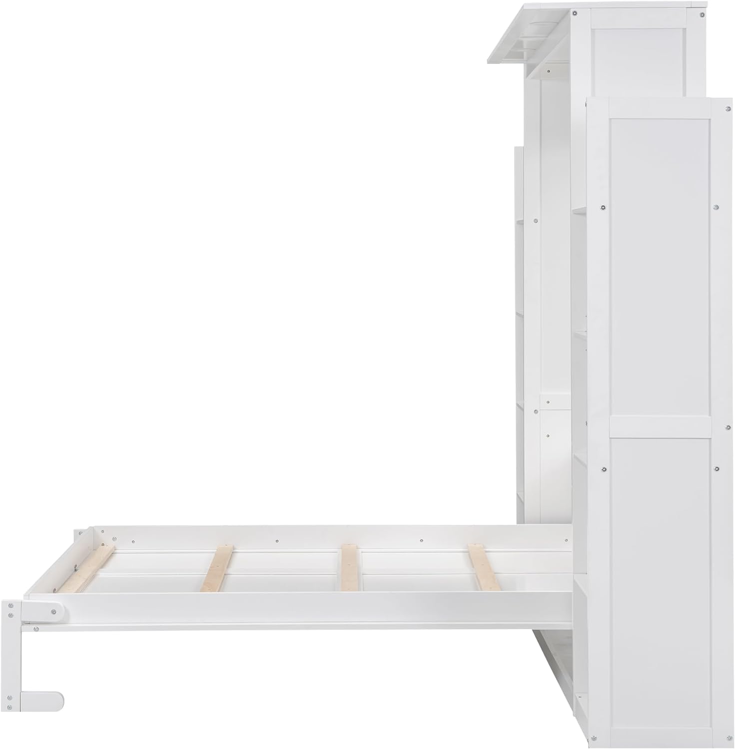 Queen Murphy Bed with Storage Shelves and LED Lights, Wood White Murphy Wall Bed Cabinet with Bookcase Bookshelf for Adults