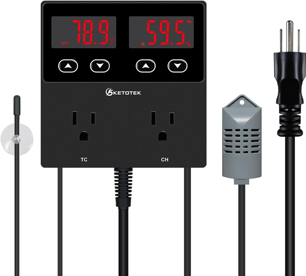 KETOTEK Digital Temperature and Humidity Controller Outlet, Reptile Thermostat Plug Dual Stage Pre-Wired for Mushroom Greenhouse Homebrew