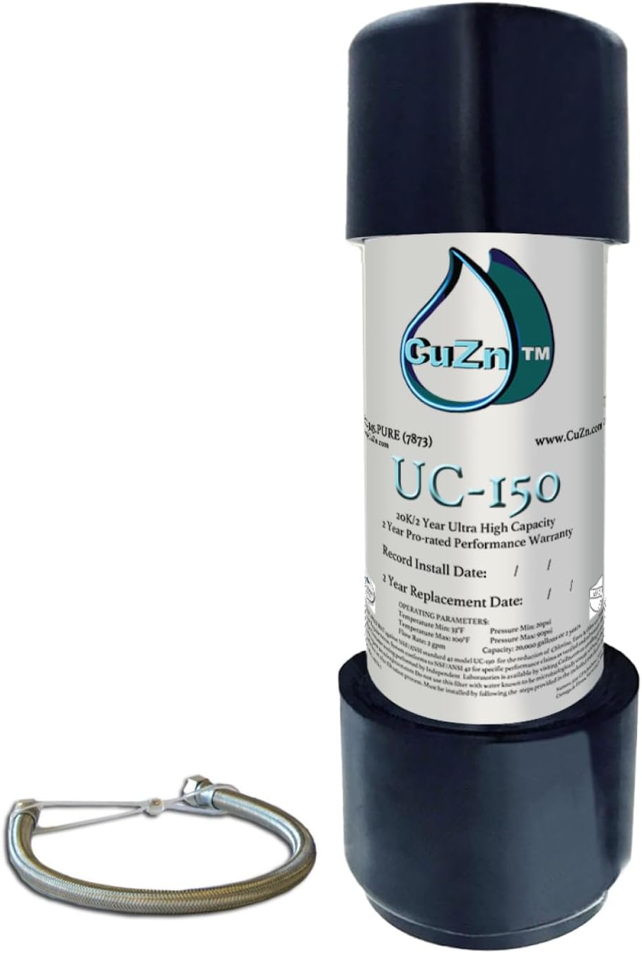 CuZn Under Sink Water Filter for Sink Faucet, 20K Gallons or 2 Year Filtration Life, Reduces PFAs, PFOS, Lead, Chlorine, Improves Taste of Tap Water, NSF/ANSI 42 & 372 Certified High Performance