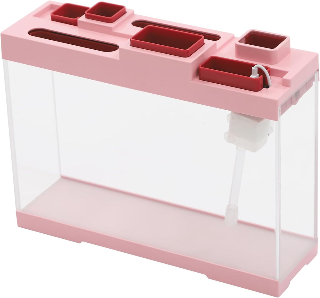 Tabletop Storage Fish Tank, 1Gal Modern Acrylic Betta Fish Tank Aquarium Kit with LED Lighting Desktop Acrylic Fish Tank Narrow Tabletop Fish Tanks for Home Office Decor, Bedrooms (Pink)